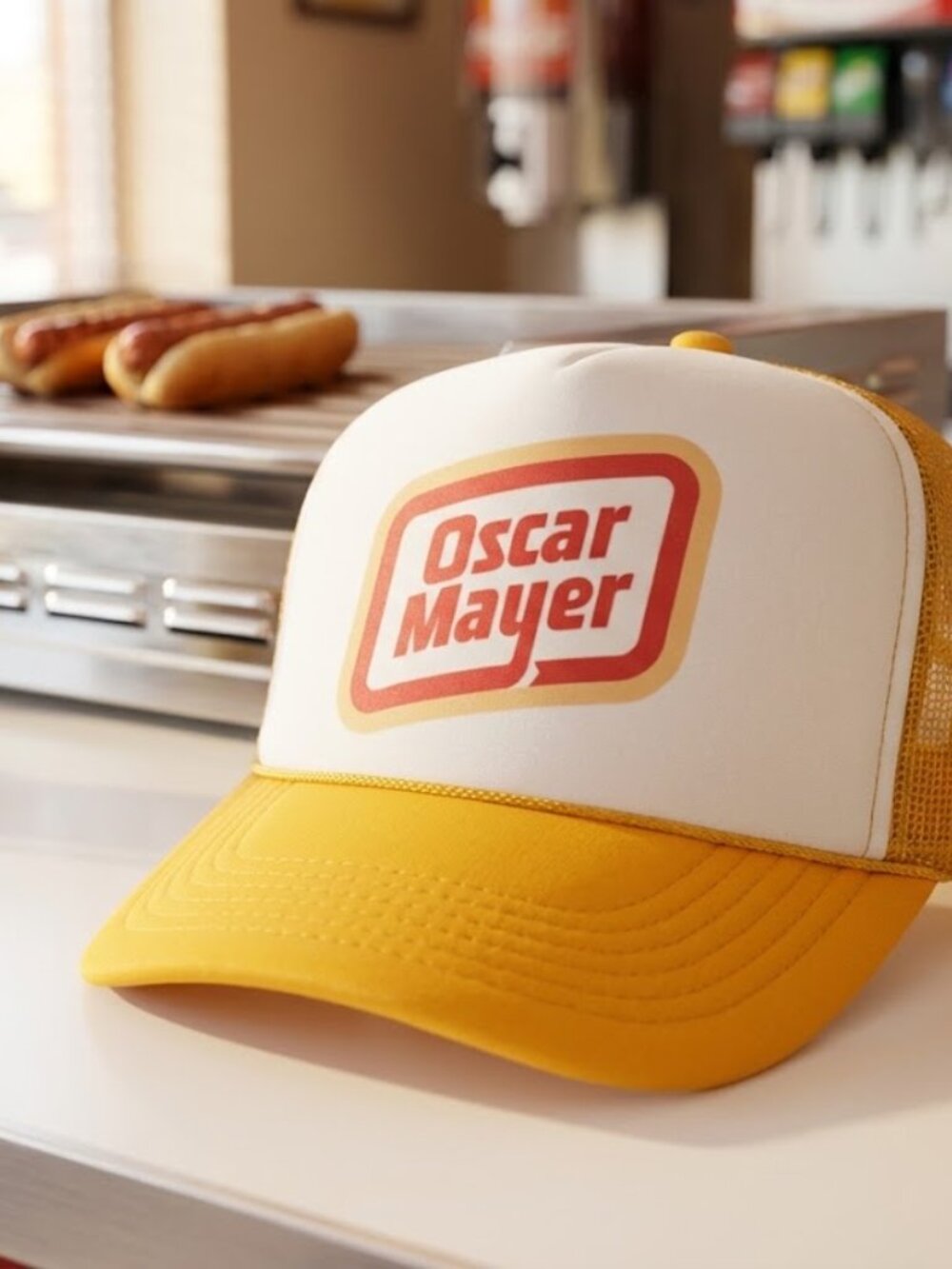 Oscar Mayer Vintage Logo Printed Yellow White Foam Rope Snapback Trucker Hat USA